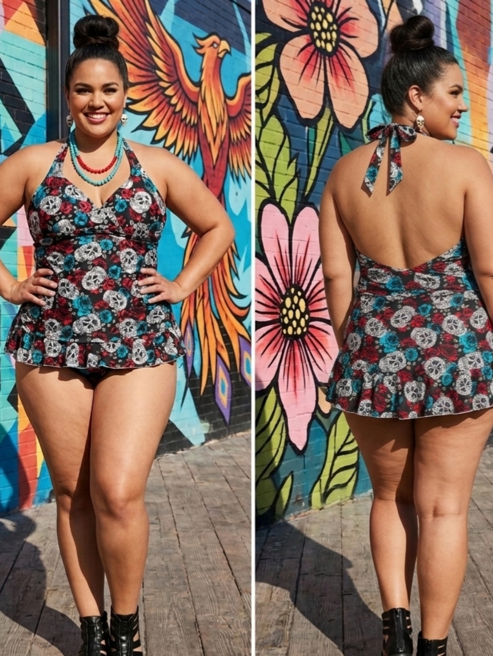 Goth Rose Skull Swim Top with Teal & Coral Floral Print With Tie Back